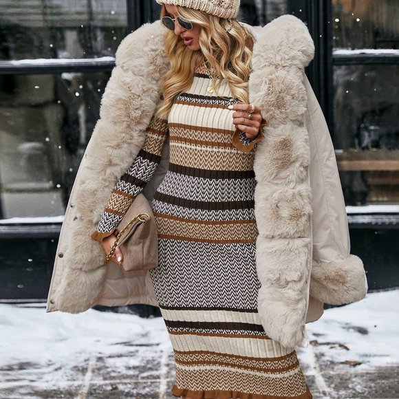 . Dresses & Skirts - Multicolor Boho Womens Striped Pattern Sweater Bodycon Dress
